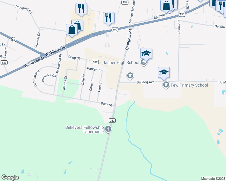 map of restaurants, bars, coffee shops, grocery stores, and more near 119 Farm to Market Road 252 in Jasper