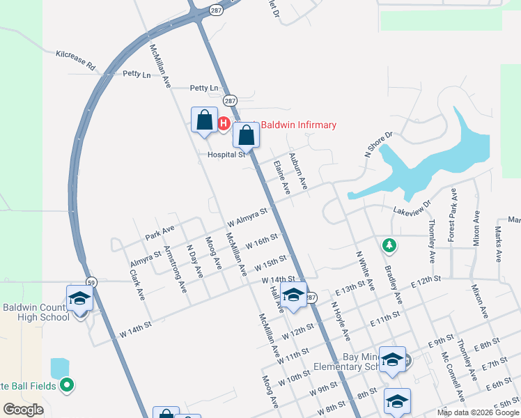 map of restaurants, bars, coffee shops, grocery stores, and more near 104 West Almyra Street in Bay Minette