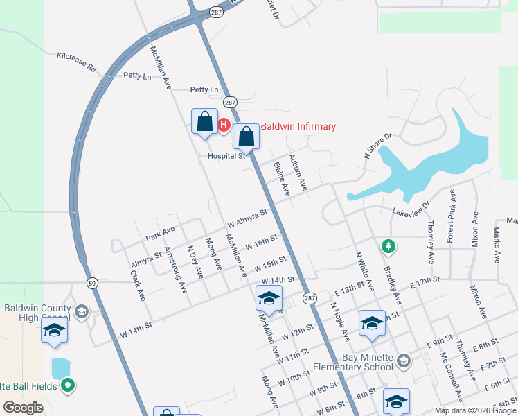 map of restaurants, bars, coffee shops, grocery stores, and more near 104 West Almyra Street in Bay Minette