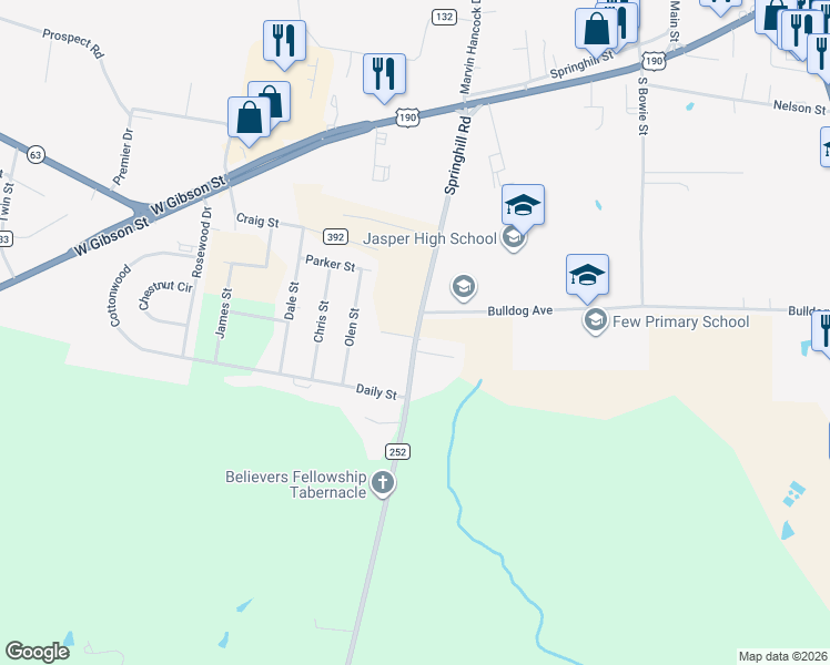 map of restaurants, bars, coffee shops, grocery stores, and more near 119 Farm to Market Road 252 in Jasper