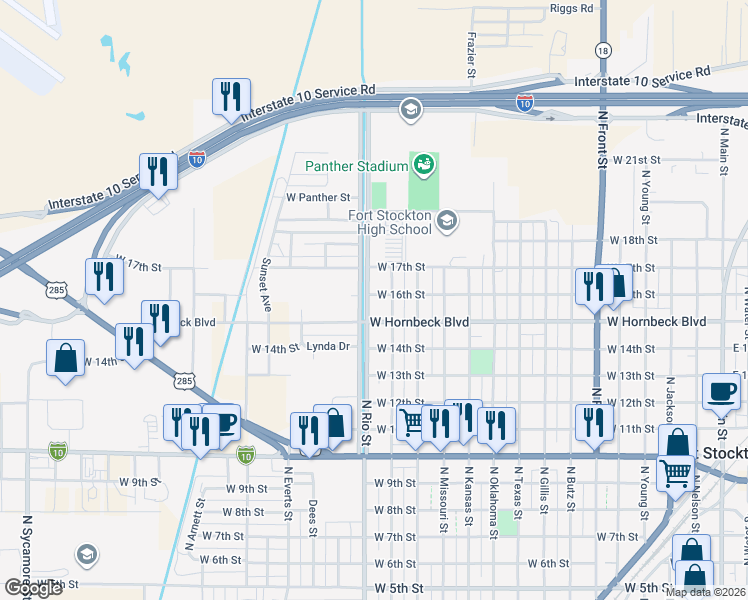 map of restaurants, bars, coffee shops, grocery stores, and more near 1400-1498 West 16th Street in Fort Stockton
