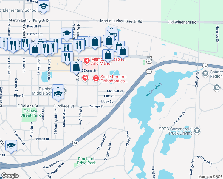 map of restaurants, bars, coffee shops, grocery stores, and more near 1617 Mitchell Street in Bainbridge