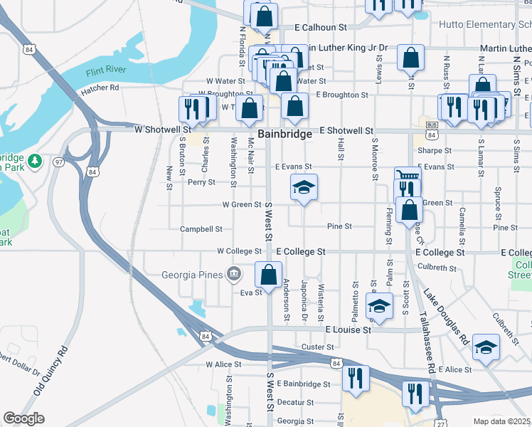 map of restaurants, bars, coffee shops, grocery stores, and more near 108-110 East Green Street in Bainbridge