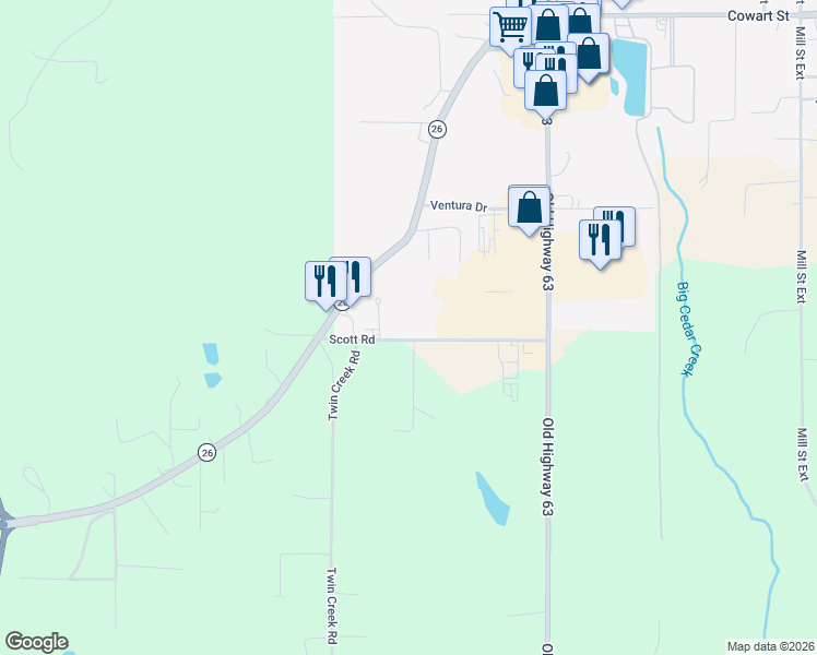 map of restaurants, bars, coffee shops, grocery stores, and more near 142 Scott Road in Lucedale