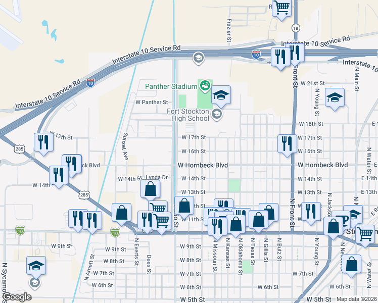 map of restaurants, bars, coffee shops, grocery stores, and more near 1400 West 16th Street in Fort Stockton