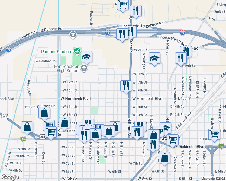 map of restaurants, bars, coffee shops, grocery stores, and more near 1600 North Gillis Street in Fort Stockton