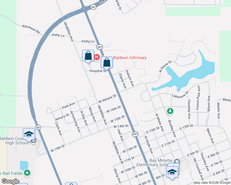 map of restaurants, bars, coffee shops, grocery stores, and more near 104 West Almyra Street in Bay Minette