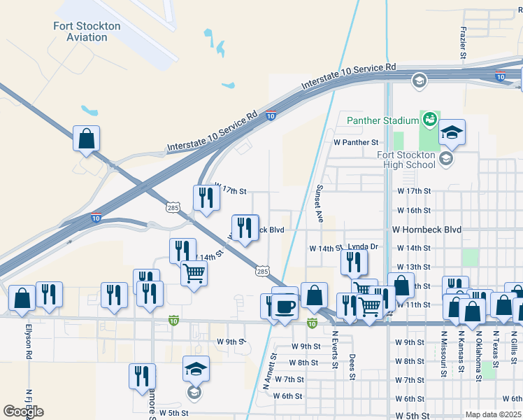 map of restaurants, bars, coffee shops, grocery stores, and more near North Haddock Street in Fort Stockton