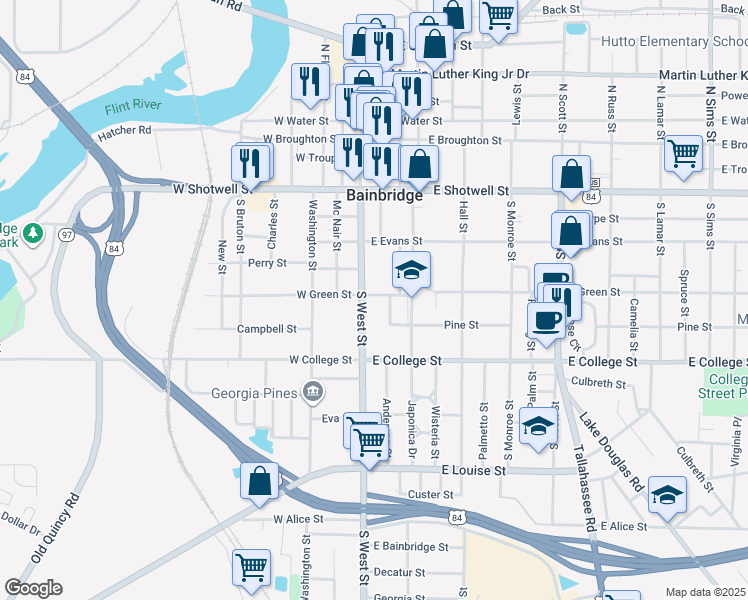 map of restaurants, bars, coffee shops, grocery stores, and more near 108 East Green Street in Bainbridge