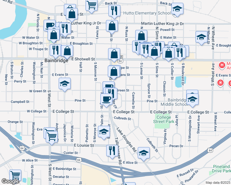 map of restaurants, bars, coffee shops, grocery stores, and more near 721 Rose Circle in Bainbridge