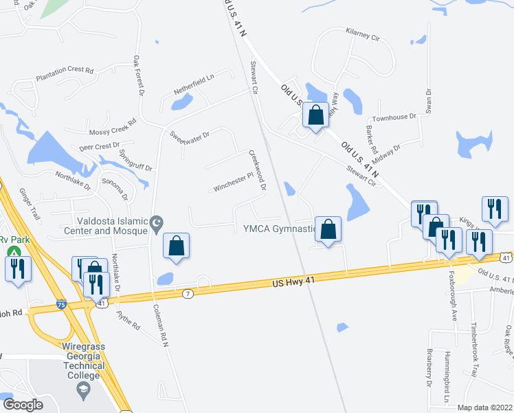 map of restaurants, bars, coffee shops, grocery stores, and more near 3779 Creekwood Drive in Valdosta