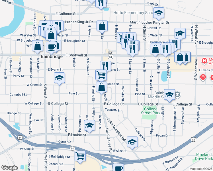 map of restaurants, bars, coffee shops, grocery stores, and more near 721 Rose Circle in Bainbridge