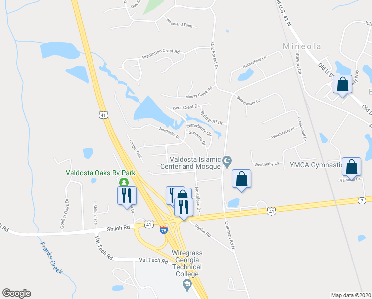 map of restaurants, bars, coffee shops, grocery stores, and more near 4065 Northlake Drive in Valdosta