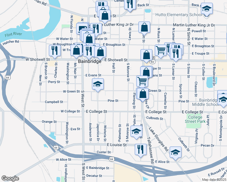 map of restaurants, bars, coffee shops, grocery stores, and more near 612 East Green Street in Bainbridge