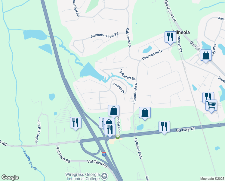 map of restaurants, bars, coffee shops, grocery stores, and more near 4065 Northlake Drive in Valdosta