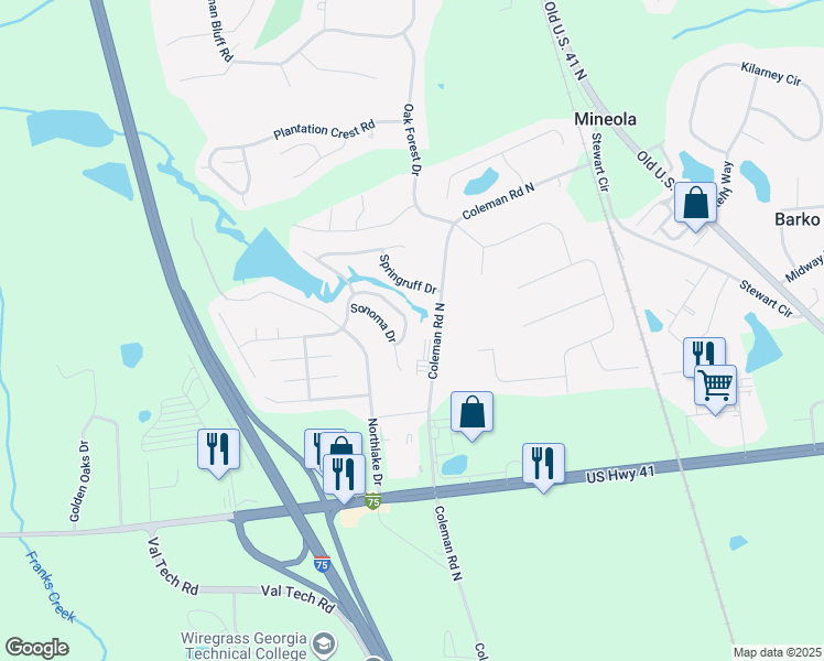 map of restaurants, bars, coffee shops, grocery stores, and more near 4183 Waterberry Circle in Valdosta