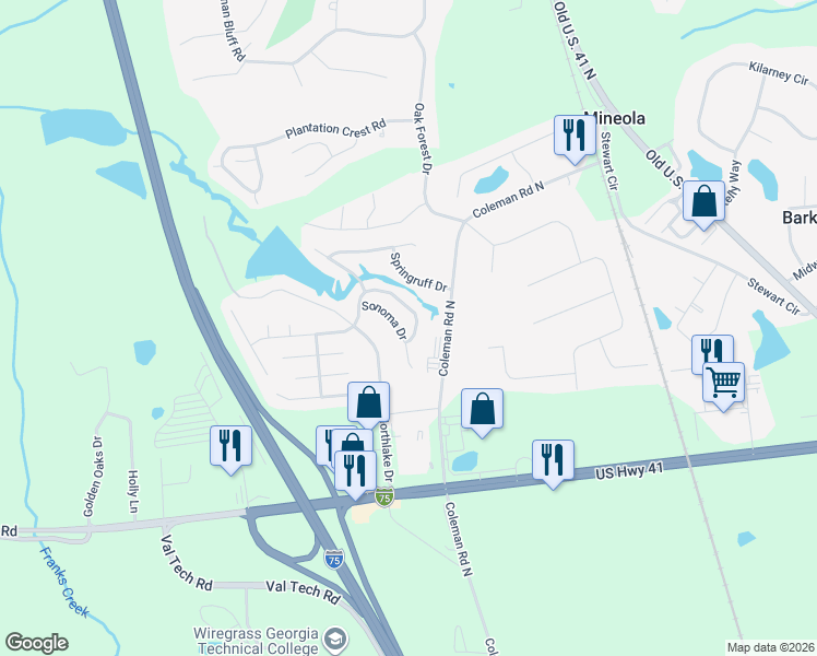 map of restaurants, bars, coffee shops, grocery stores, and more near 4266 Sonoma Drive in Valdosta