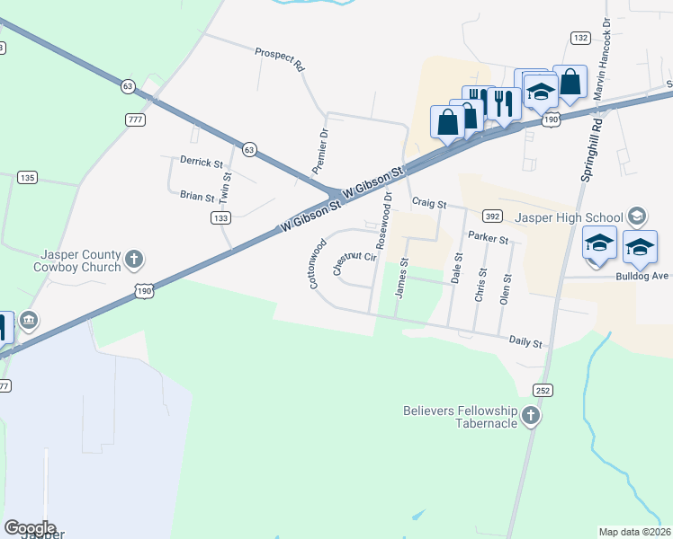 map of restaurants, bars, coffee shops, grocery stores, and more near 37 Chestnut Cir in Jasper