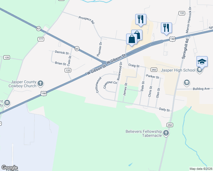 map of restaurants, bars, coffee shops, grocery stores, and more near 37 Chestnut Circle in Jasper