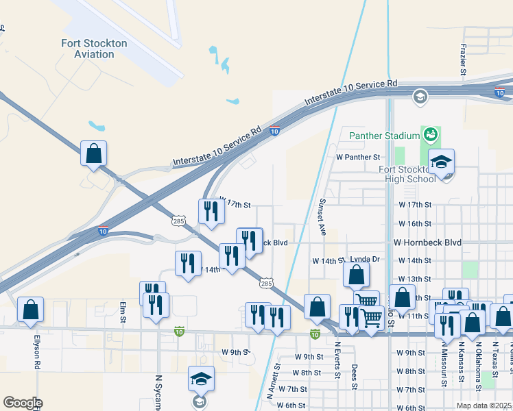 map of restaurants, bars, coffee shops, grocery stores, and more near North Haddock Street in Fort Stockton