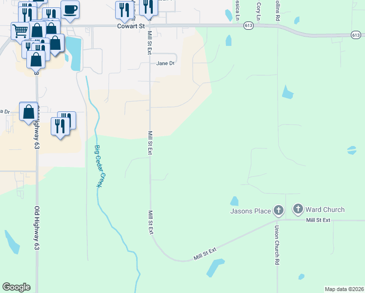 map of restaurants, bars, coffee shops, grocery stores, and more near 2102 Mill Street Extension in Lucedale