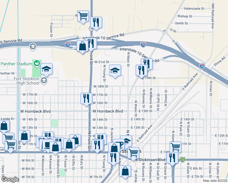 map of restaurants, bars, coffee shops, grocery stores, and more near 1701-1799 N Nelson St in Fort Stockton