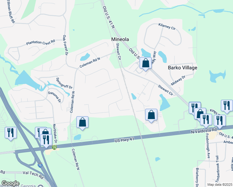 map of restaurants, bars, coffee shops, grocery stores, and more near 3805 Winchester Place in Valdosta