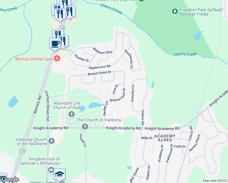 map of restaurants, bars, coffee shops, grocery stores, and more near 5320 Vine Drive in Valdosta