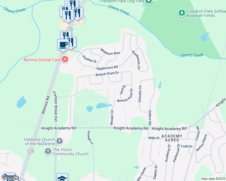 map of restaurants, bars, coffee shops, grocery stores, and more near 3623 Beulah Circle in Valdosta