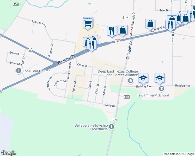 map of restaurants, bars, coffee shops, grocery stores, and more near 104 Chris Street in Jasper