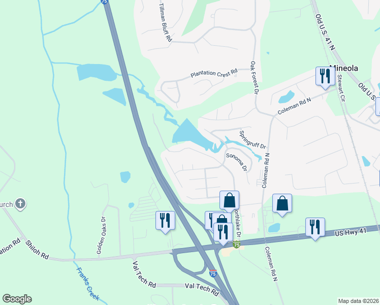 map of restaurants, bars, coffee shops, grocery stores, and more near 4101 Northlake Drive in Hahira