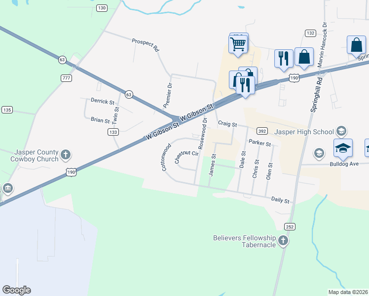 map of restaurants, bars, coffee shops, grocery stores, and more near 37-99 Chestnut Circle in Jasper