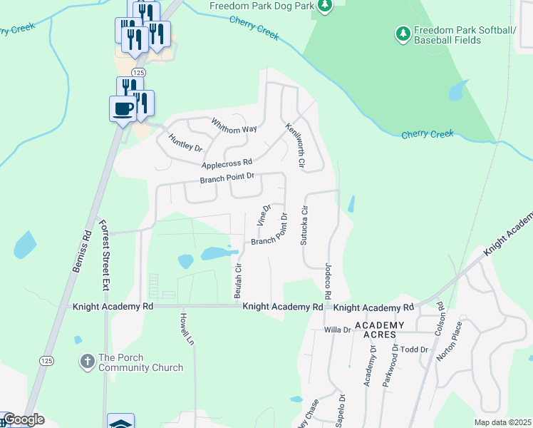 map of restaurants, bars, coffee shops, grocery stores, and more near 5321 Vine Drive in Valdosta