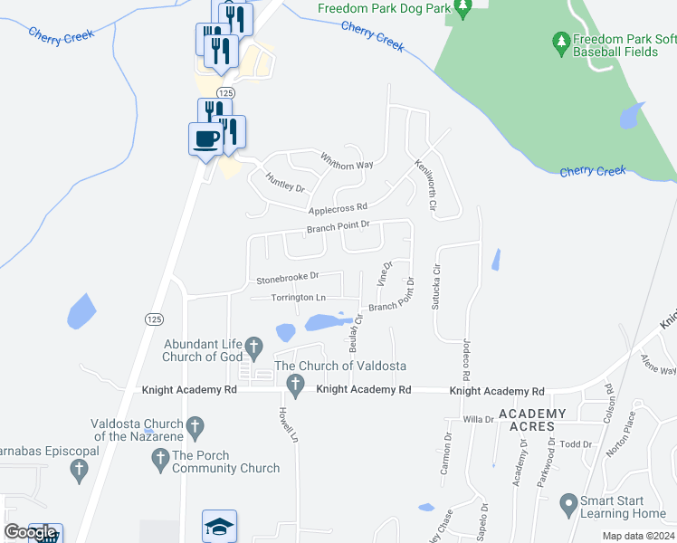 map of restaurants, bars, coffee shops, grocery stores, and more near 3623 Beulah Circle in Valdosta