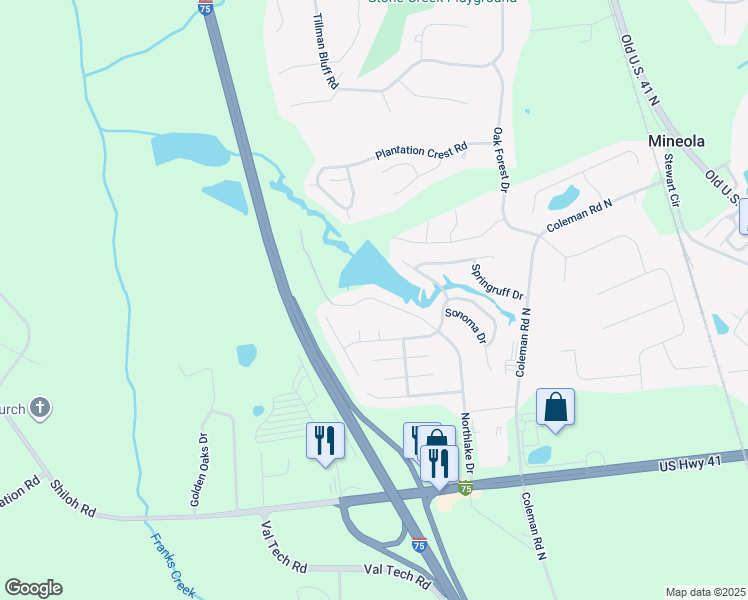 map of restaurants, bars, coffee shops, grocery stores, and more near 4101 Northlake Drive in Valdosta