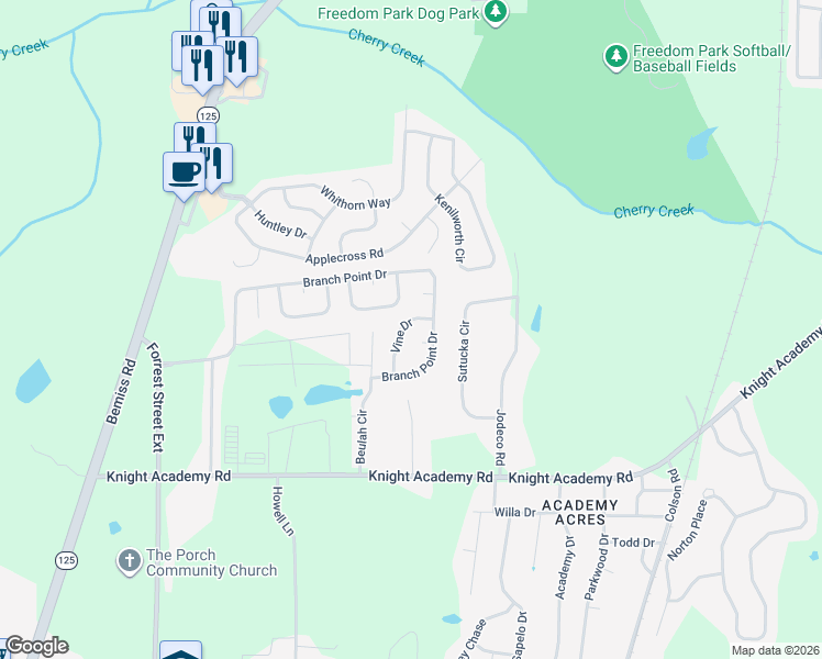 map of restaurants, bars, coffee shops, grocery stores, and more near 5313 Vine Drive in Valdosta