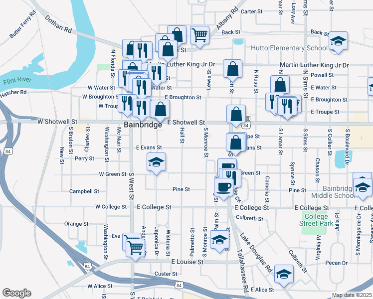 map of restaurants, bars, coffee shops, grocery stores, and more near 514 East Evans Street in Bainbridge