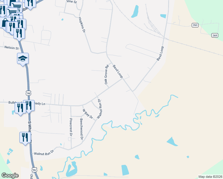map of restaurants, bars, coffee shops, grocery stores, and more near 1013 Shady Lane in Jasper