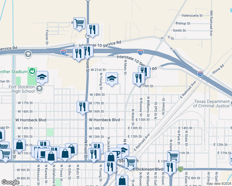 map of restaurants, bars, coffee shops, grocery stores, and more near 1799 North Nelson Street in Fort Stockton