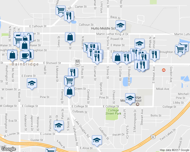 map of restaurants, bars, coffee shops, grocery stores, and more near 498 South Lamar Street in Bainbridge