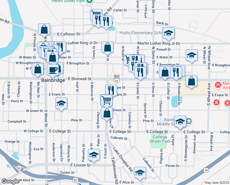 map of restaurants, bars, coffee shops, grocery stores, and more near 834 Sharpe Street in Bainbridge
