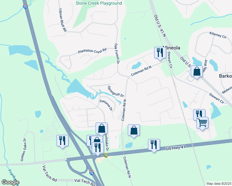 map of restaurants, bars, coffee shops, grocery stores, and more near 4126 Springruff Drive in Valdosta