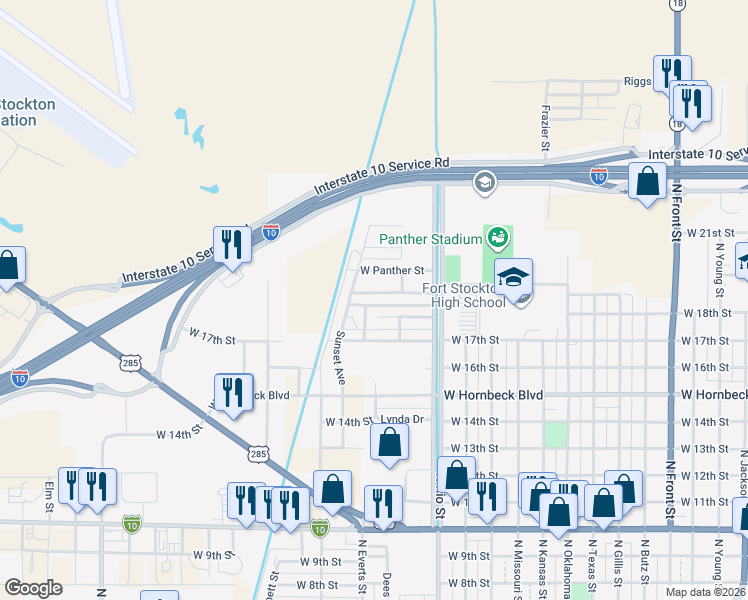 map of restaurants, bars, coffee shops, grocery stores, and more near 1600-1698 Westwind Drive in Fort Stockton