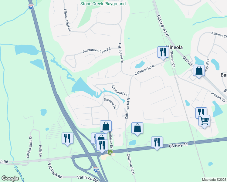 map of restaurants, bars, coffee shops, grocery stores, and more near 4164 Springruff Drive in Hahira