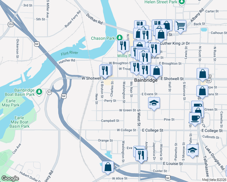 map of restaurants, bars, coffee shops, grocery stores, and more near 408 Charles Street in Bainbridge