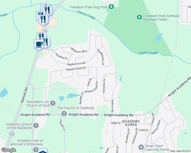 map of restaurants, bars, coffee shops, grocery stores, and more near 5296 Vine Drive in Valdosta
