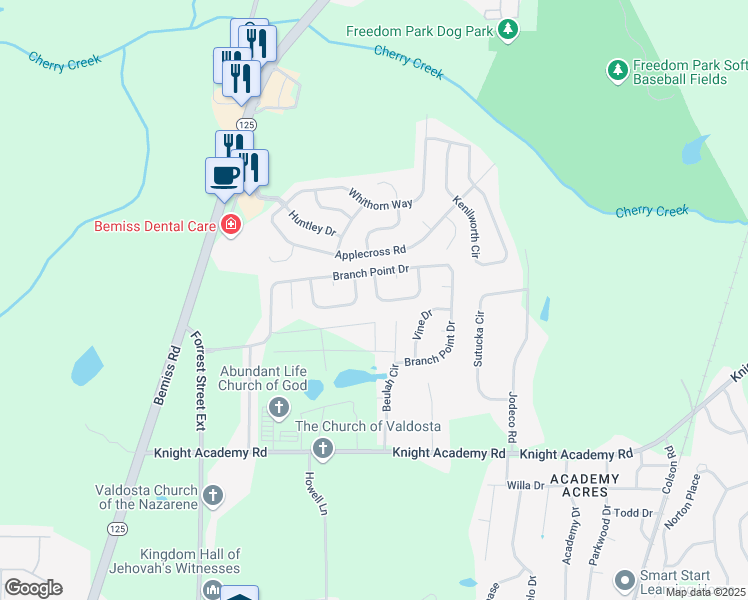 map of restaurants, bars, coffee shops, grocery stores, and more near 5222 Fortress Circle in Valdosta