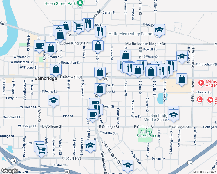 map of restaurants, bars, coffee shops, grocery stores, and more near 834 Sharpe Street in Bainbridge