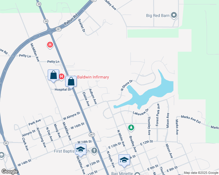 map of restaurants, bars, coffee shops, grocery stores, and more near 1910 Mary Jane Road in Bay Minette