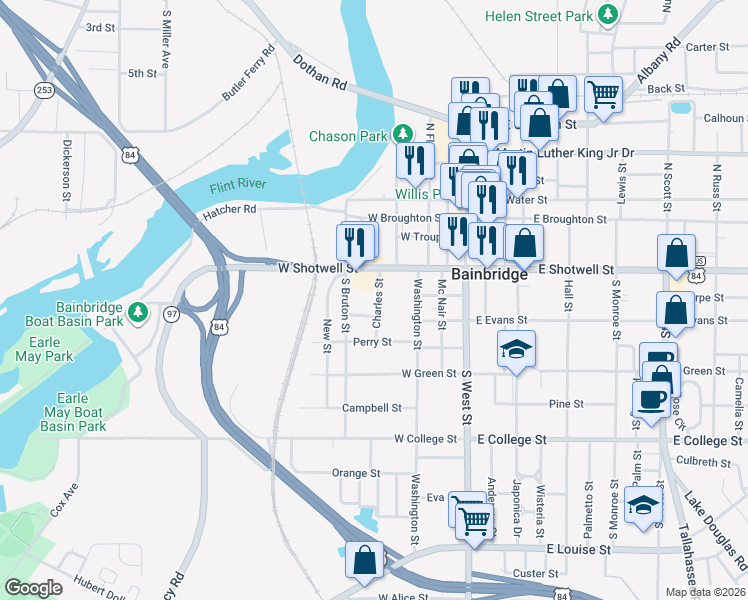 map of restaurants, bars, coffee shops, grocery stores, and more near 408 Charles Street in Bainbridge
